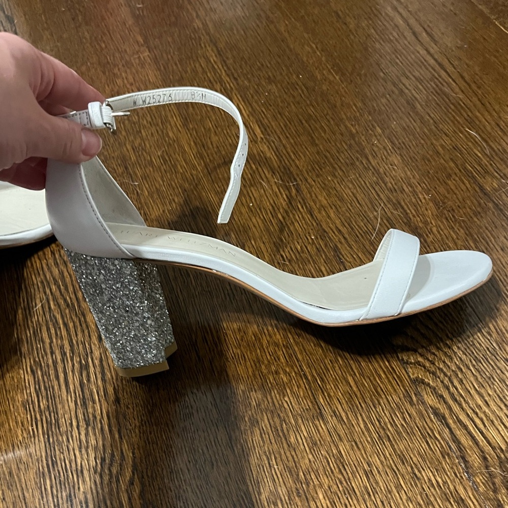 Gorgeous Stuart Weitzman Nearly Nude White Nappa Sandals with Glitter Pump